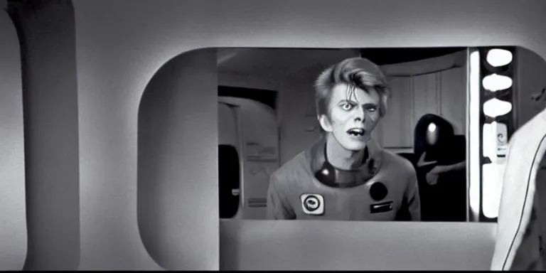 Image similar to photorealistic wide shot black and white twilight zone style cinematography of a 1 9 8 1 version of healthy david bowie in a cheesy 5 0's space suit acting as a man from outter space in a twilight zone episode that takes place in mid century modern apartment shot on film by the shining cinematographer john alcott on a cooke panchro 1 8 mm lens.