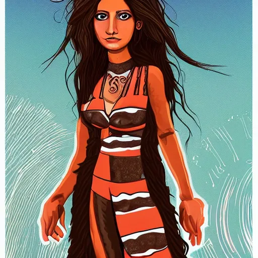 Prompt: illustration of a short but curvaceous El Salvadorian woman names Sarah with long brown hair and brown eyes. Her face had complex deep intriguing shamanic patterns within it. She stands in front of a solar Punk post apocalyptic scene