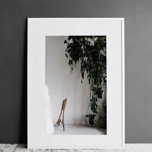 Image similar to a minimalist mockup photo with large blank frame, in a white boho style studio, trending on etsy
