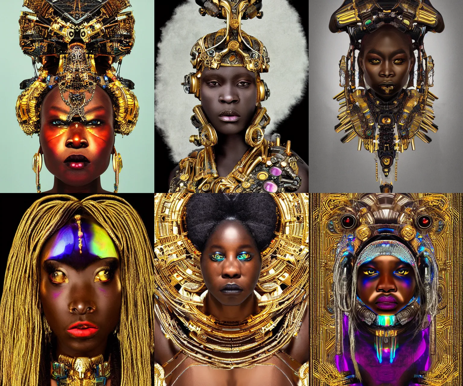 Prompt: portrait of iridescent onyx and gold angry futuristic cyborg galactic himba young fat empress, organic cyborg, intricate, ornate, future baroque