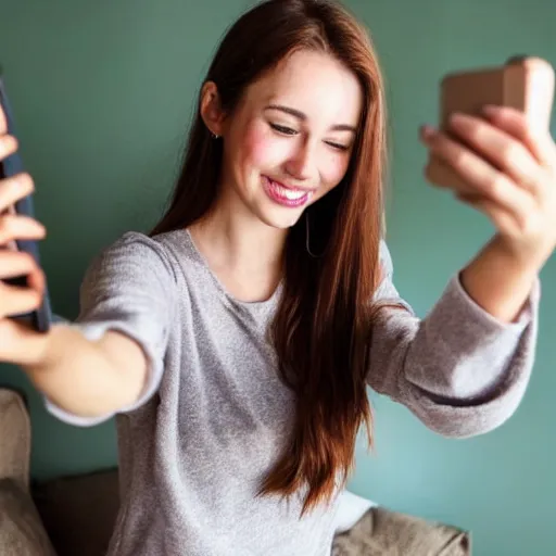 Prompt: Photograph of a cute young woman taking a selfie, long shiny bronze brown hair, full round face, emerald green eyes, medium skin tone, light cute freckles, smiling softly, wearing casual clothing, relaxing on a modern couch, interior lighting, cozy living room background, close-up shot, trending on Instagram, Pinterest