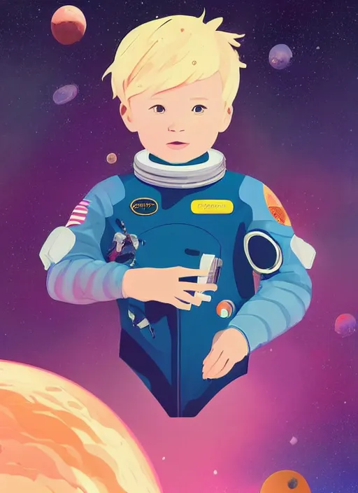 Image similar to little boy with short blonde hair. he is floating in space. he is wearing a space suit. background is a nebula. clean cel shaded vector art. shutterstock. behance hd by lois van baarle, artgerm, helen huang, by makoto shinkai and ilya kuvshinov, rossdraws, illustration, art by ilya kuvshinov