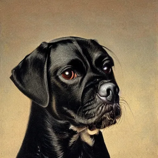 Image similar to portrait of black pugalier dog, by caravaggio, immense detail, intricate background