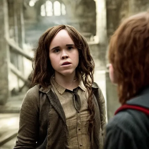 Prompt: Photo of Ellen Page as Hermonie Granger in Harry Potter, grimdark