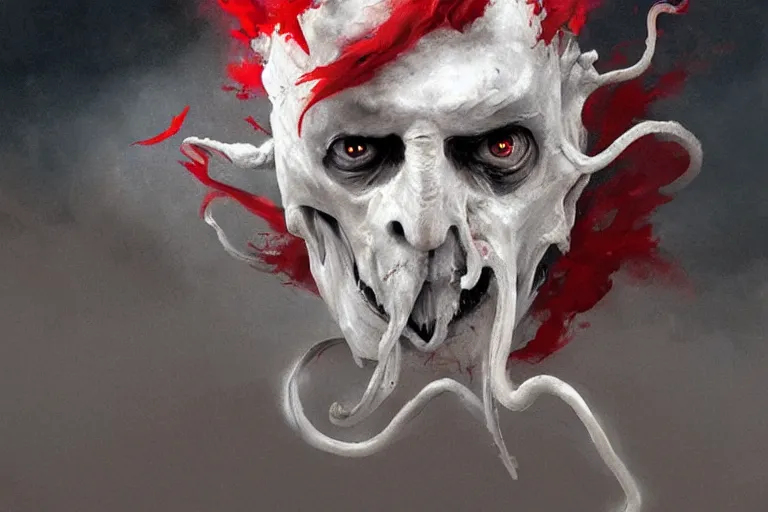 Image similar to painting by greg rutkowski of a flying human head and face that is chalk white in color, with tentacles coming of the neck, red eyes, flying in a terrying hell like cavernous place