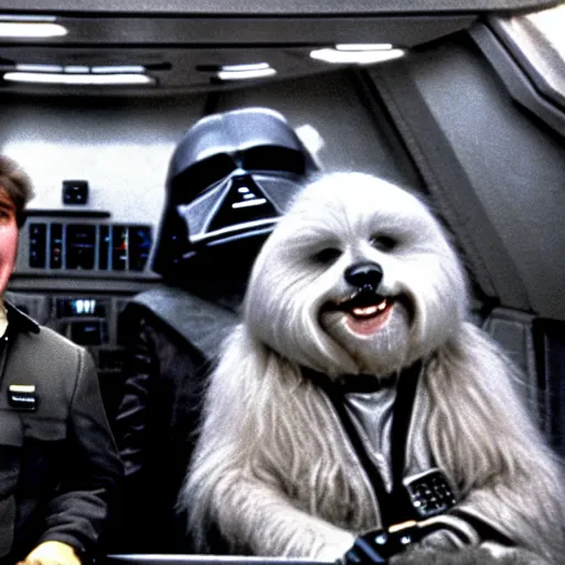 Image similar to John Candy in a dog suit dressed as Barf from Spaceballs sits next to Han Solo in the Millenium Falcon, movie still ftom Star Wars (1977)