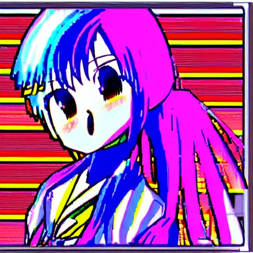 Image similar to CRT rainbowcore anime girl, saturation 100% full saturation, bitcrushed AI enhanced image, PS1 early computer graphics, maximalist maximalism video game UI