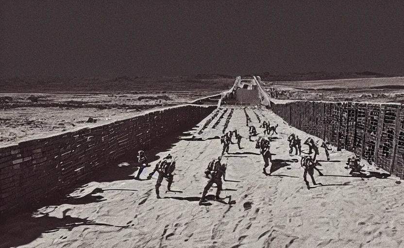 Prompt: cinematic still image of the mexican boarder wall, 5 0 foot wall, scene from 1 9 8 0 s star wars empire strikes back, 3 5 mm imax, moody iconic scene, action scene, beautiful detailed scene, color kodak, directed by kubrick