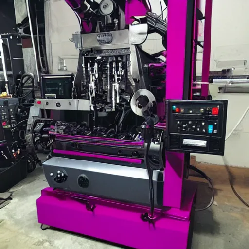 Image similar to complex and detailed industrial machine. Dark teal and magenta. Electrical and Mechanical Engineering