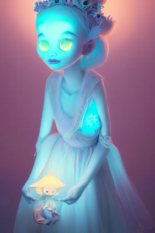 Image similar to super cute Bioluminescent Princess character concept, soft light, soft mood, realistic body features and face, illustration, painting oil on canvas by Elena Zhurikhina and Goro Fujita, octane render trending on artstation, 4k, 8k, HD