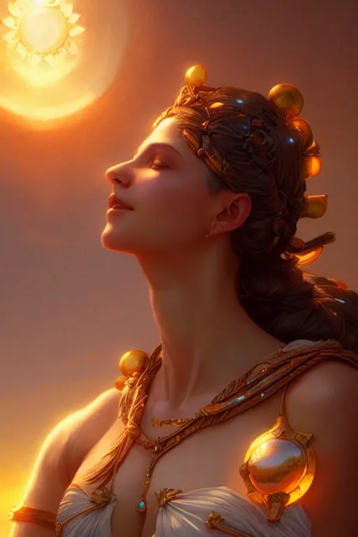 Image similar to goddess of the sun, highly detailed, digital painting, artstation, concept art, smooth, sharp focus, illustration, unreal engine 5, 8 k, art by artgerm and greg rutkowski and edgar maxence