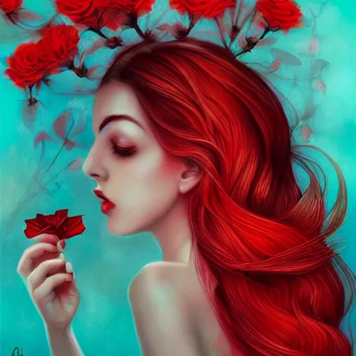Image similar to a woman holding a red flower by anna dittmann
