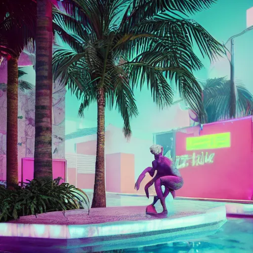 Prompt: a broken statue in a surreal underground white tiled swimming pool surrounded by neon lights and palm trees in vapor wave style, 3D octane render, hyperrealistic, dramatic lighting, unreal engine, houdini, 8k, 4k, raytracing