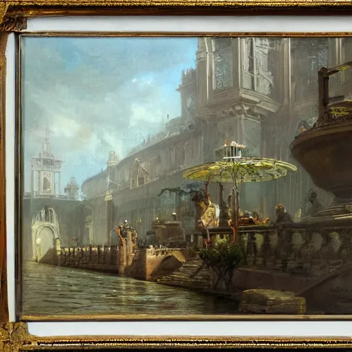 Prompt: painting of a scifi ancient civilzation victorian swimming pool, andreas achenbach