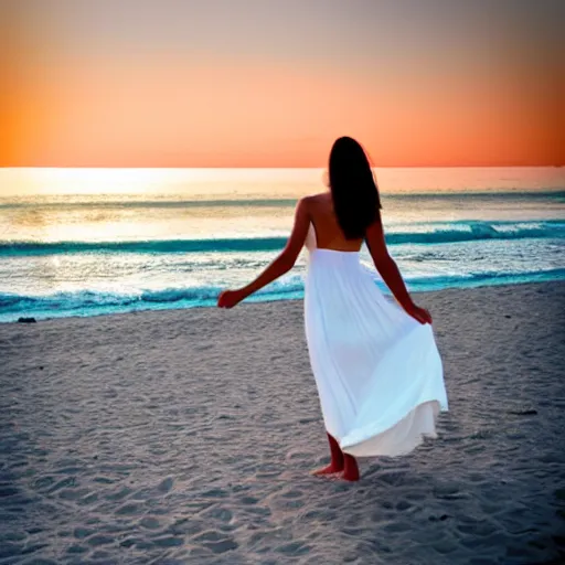 Image similar to a beautiful photograph of a woman in a white dress on the beach at sunset, by chris freilich