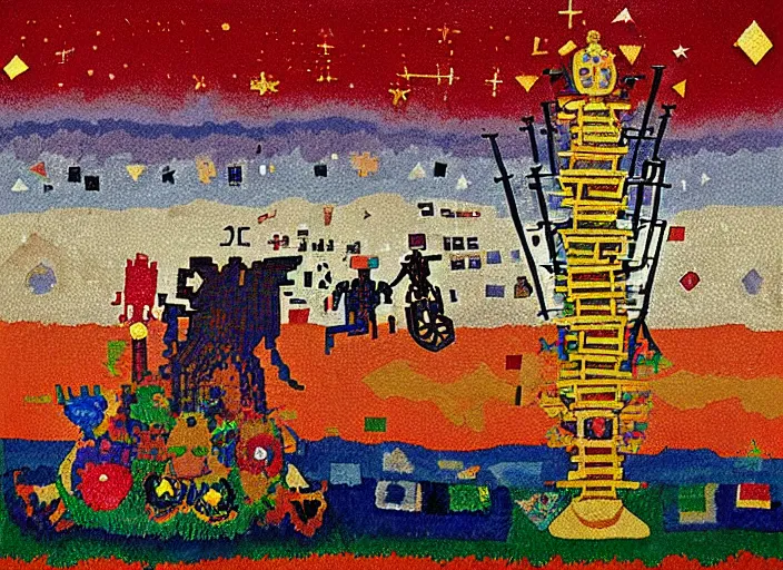 Image similar to pixel decollage painting tarot lovers card composition tower of babel road red armor maggot bear and wonky alien frog skeleton knight on a horse in a dark red cloudy night sky with golden foil jewish stars and diamonds, mountain lake and blossoming field in background, painted by Mark Rothko, Helen Frankenthaler, Danny Fox and Hilma af Klint, pixelated, neo expressionism, semi naive, pastel colors, cinematic, color field painting, cave painting, voxel, pop art look, outsider art, minimalistic. Bill Traylor painting, part by Philip Guston and Francis Bacon. art by Adrian Ghenie, very coherent symmetrical artwork, cinematic, hyper realism, high detail, octane render, unreal engine, Smooth gradients, depth of field, full body character drawing, extremely detailed, 8k, extreme detail, intricate detail, masterpiece