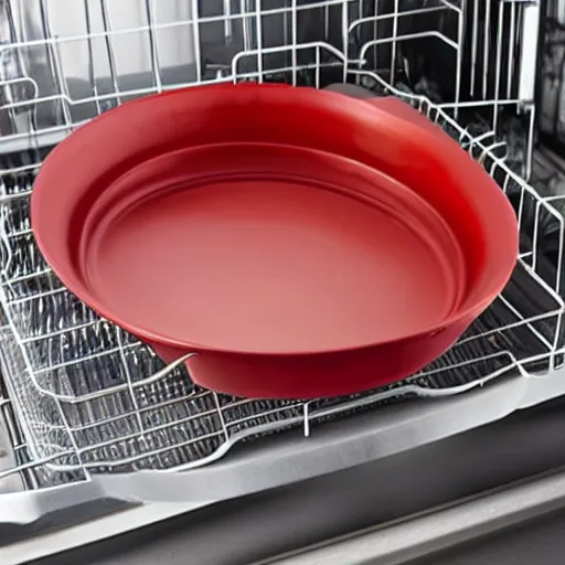 Image similar to cast iron skillet pan loaded into dishwasher rack, anger, red