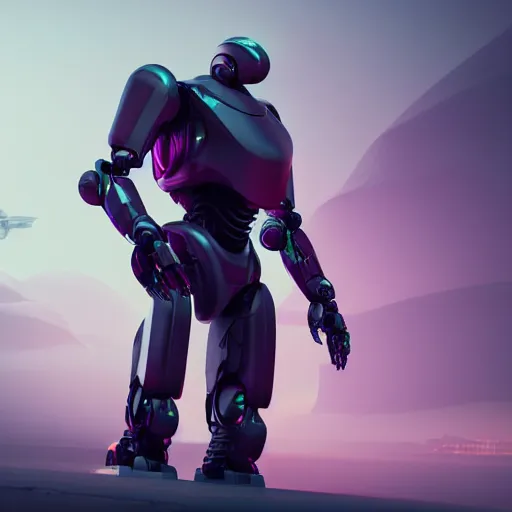 Image similar to hyperrealistic robot, futuristic, sci - fi, greg rutkowski, 3 d render, octane render, unreal engine, purple colors, dramatic lighting, epic composition