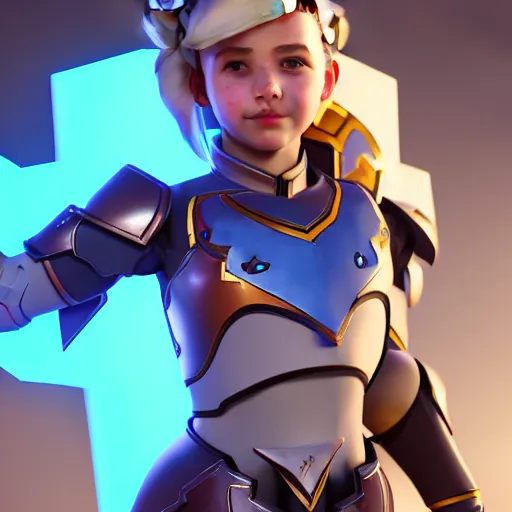 Prompt: a young girl with the appearance and armor of merci from overwatch, design, octane render, 4 k, ingame shot