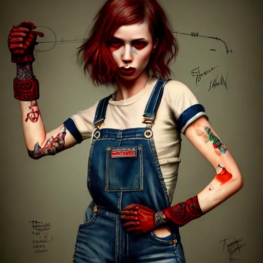 Image similar to full body pose, grungy alice, torn overalls, short shorts, gloves, combat boots, fishnets, beautiful, highly detailed face, true anatomy!, extremely detailed!, digital painting, unreal engine 5, art by tom bagshaw