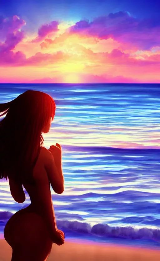 Image similar to woman looking at the sea on the beach during sunset, realistic shaded, highly detailed, anime, realistic