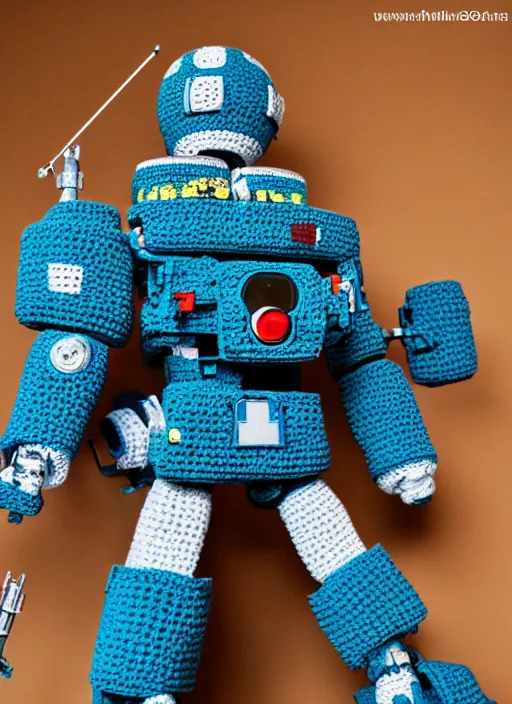 Image similar to a crochet mecha with rocket launchers, realistic, no cropping, full body, Sigma 50 mm f/1.4