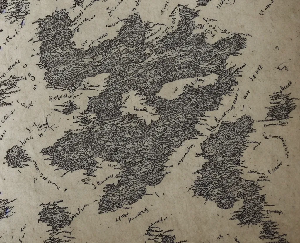 Image similar to ancient fantasy regional map, magical, etching, intaglio, mountains and oceans, on old parchment paper,