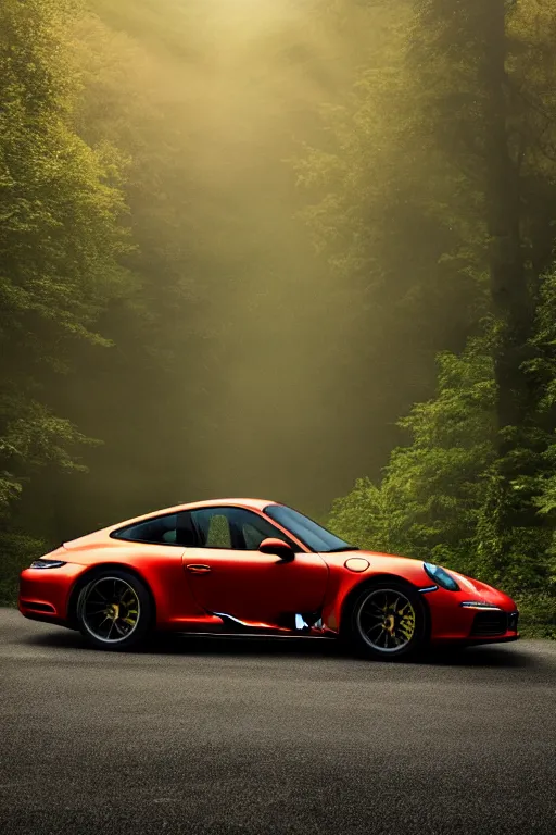 Image similar to Phot of a Porsche 911 Carrera 3.2 parked on a road, forest in the background, volumetric lighting, golden hour, fog, award winning, highly detailed, photo print.