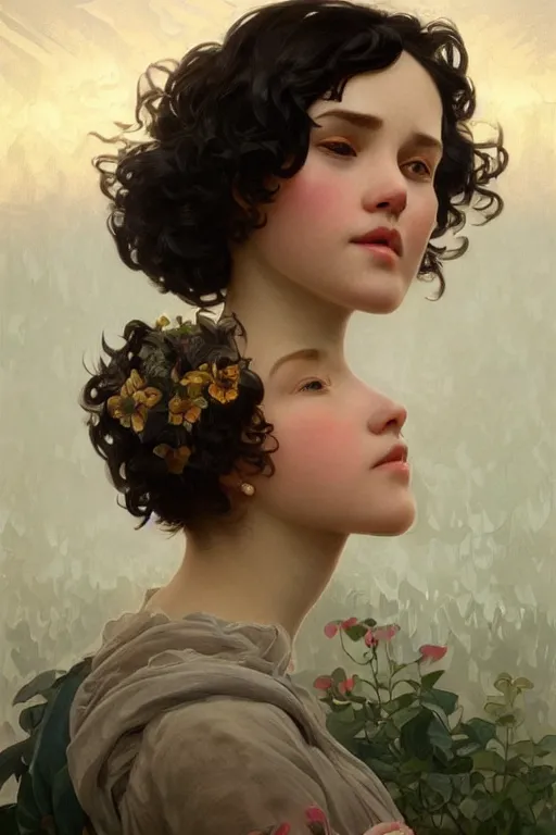 Image similar to beautiful cottagecore of a girl with short black curly hair, round face, cute face. intricate, elegant. highly detailed, digital painting, artstation, concept art, smooth, sharp, focus, illustration. art by artgerm and greg rutkowski alphonse mucha and Marat Safin