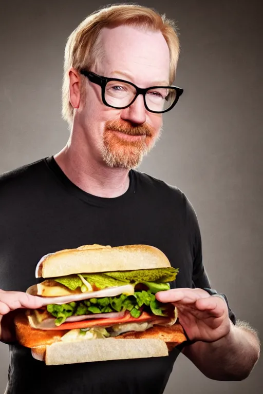 Image similar to 📷 portrait of adam savage the sandwich, food man, still image, dynamic lighting, 4 k