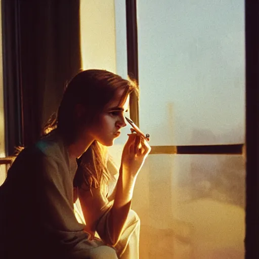 Prompt: Photograph of Emma Watson smoking by the window. Golden hour, dramatic lighting. Medium shot. CineStill