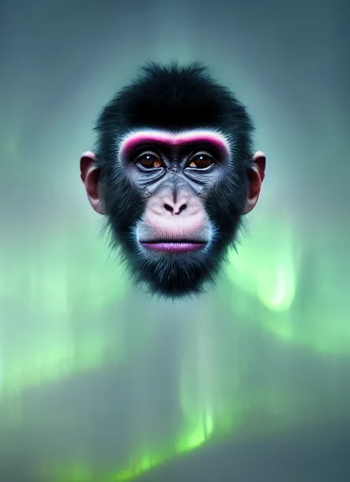 Image similar to an ethereal, misty portrait of a monkey whose face is accented with neon - toned glowing eyeliner. the makeup floats off his face and joins swirling clouds of smoke and fog, becoming an aurora. muted tones. surreal portrait, cinematic lighting, 8 k, smooth, sharp focus, digital painting, rendered in octane, painted by tom bagshaw, artgerm