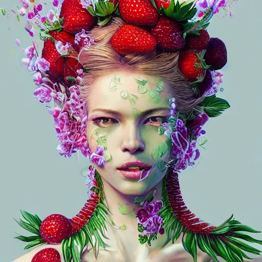 Image similar to the portrait of an absurdly beautiful, graceful, elegant, sophisticated, chaste woman made of strawberries and green petals looking up, an ultrafine hyperdetailed illustration by kim jung gi, irakli nadar, intricate linework, bright colors, octopath traveler, final fantasy, unreal engine 5 highly rendered, global illumination, radiant light, detailed and intricate environment