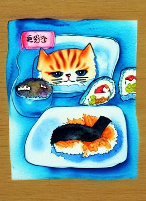 Image similar to cute cats and sushi watercolour