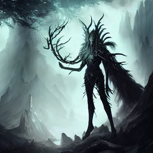 Image similar to dark fantasy concept of elven tree elf god, with dark steel and eldritch wood armor on a mountain, cinematic, dynamic lighting, photorealistic, ultra detailed, trending on art station, stunning visuals, creative, hyper detailed