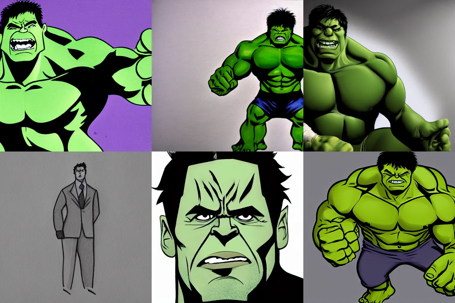 Prompt: Hulk in a business suit, drawing
