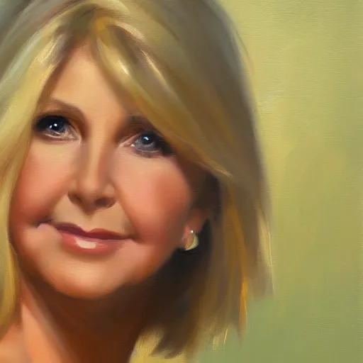 Prompt: closeup portrait of olivia newton john at age 3 0 years, evening, highly detailed and realistic oil painting, vladimir volegov, artstation