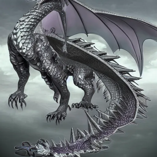 Image similar to a 128 foot tall silver western dragon with purple accents, having a 360 foot long wingspan; The scales smooth and streamlined, while jutting out at the elbows and crest and spine; with 4 limbs and 4 claws on each foot; deviantart, furaffinity