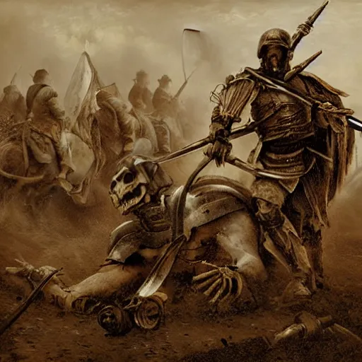 Prompt: a haunting Digital art of a tired spartan soldier riding a skeleton horse on the battlefield in the style of an oil painting, acrylic, bleak, moonlight, detailed, dark, ominous, threatening, haunting, forbidding, gloomy,stormy, doom, apocalyptic,sinister, shadowy, ghostly,unnerving, harrowing, dreadful ,frightful, shocking, terror, hideous, ghastly, terrifying