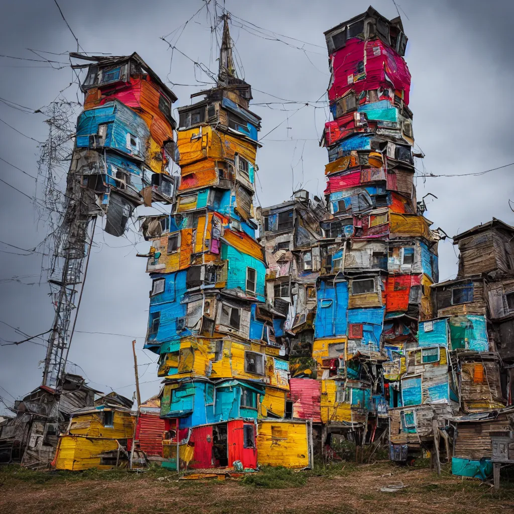 Prompt: a tower made up of colourful makeshift squatter shacks, dystopia, sony a 7 r 3, f 1 1, fully frontal view, ultra detailed, photographed by jeanette hagglund