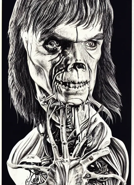 Image similar to full page scan of detailed vintage anatomical drawing of Stephen King as Jordy Verrill in Creepshow (1982), illustrated, intricate writing, highly detailed