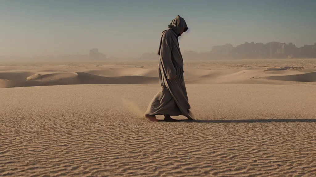 Prompt: man wearing a gray robe wandering in the desert, sand blowing around everywhere, city in the background, epic cinematic shot