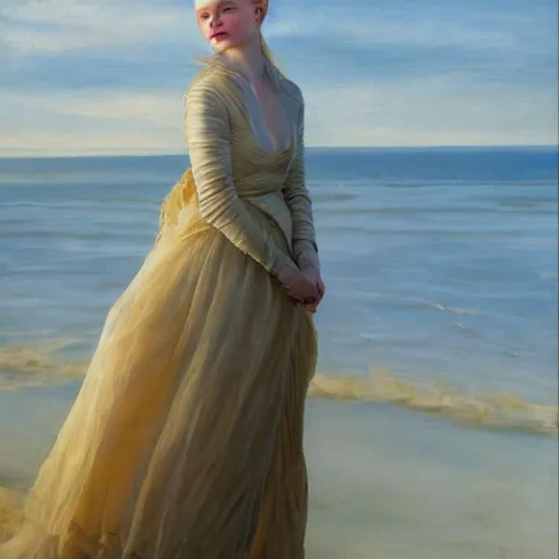 Image similar to Elle Fanning in the beach, head and shoulders masterpiece, oil on canvas, golden hour, in the world of Andrew Wyeth, artstation, by J. C. Leyendecker and Peter Paul Rubens,