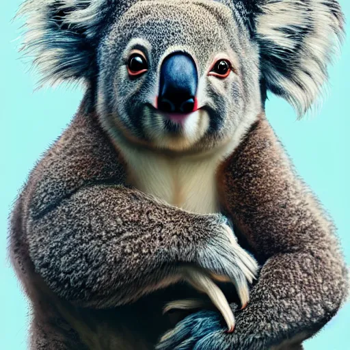 Image similar to portrait of a koala, muscular, wild, D&D, fantasy, intricate, cinematic lighting, highly detailed, digital painting, artstation, concept art, smooth, sharp focus, illustration, art by Hajime Sorayama