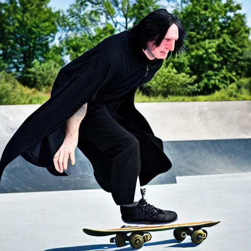 Image similar to Severus Snape skateboarding at the skate park, doing an olly, 4k, DLSR