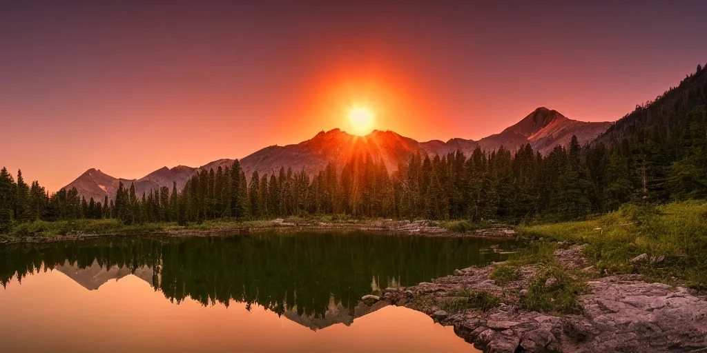 Image similar to A big and beautiful mountain with a clear pond in front of it and an orange sun behind the mountain, professional photography