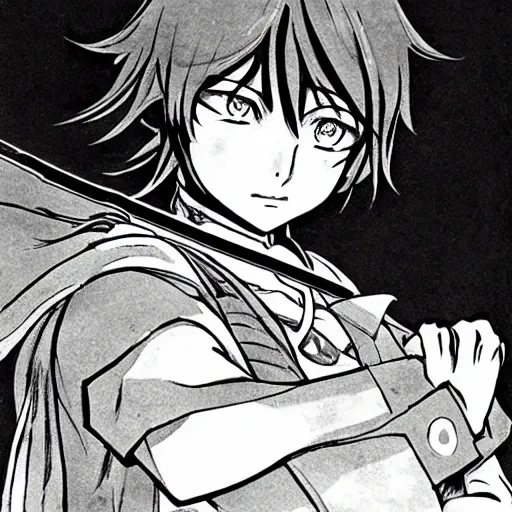 Image similar to young anime hero with a sword, illustrated by studio ghibili, manga, black and white illustration