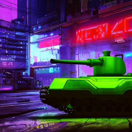 Image similar to high quality photo of a tank in a cyberpunk cyberpunk cyberpunk city, neon lights, realism, 8k, award winning photo, no water