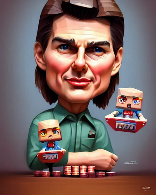 Image similar to closeup profile portrait of a low poly tin toy tom cruise in a gambling den, hyper realistic, artstation, illustration, nicoletta ceccoli, mark ryden, lostfish, max fleischer, digital paint, matte paint, vivid colors, dark, sinister, detailed and intricate environment