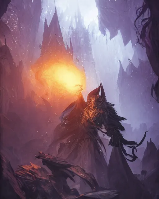 Image similar to Dark Wolf Mage, spell, fog, potion, magic the gathering artwork, D&D, fantasy, cinematic lighting, centered, symmetrical, highly detailed, digital painting, artstation, concept art, smooth, sharp focus, illustration, volumetric lighting, epic Composition, 8k, art by Akihiko Yoshida and Greg Rutkowski and Craig Mullins, oil painting, cgsociety